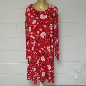 OLD NAVY TRUE RED LONG SLEEVE NO WAIST SOFT STRETCH FLOWY FLORAL TEE SHIRT DRESS